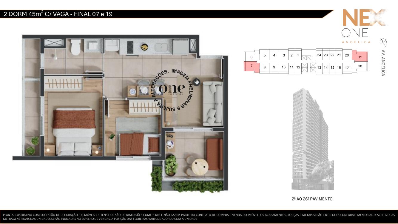 Planta 2 dormitórios 45m² com vaga — NEX ONE Angélica