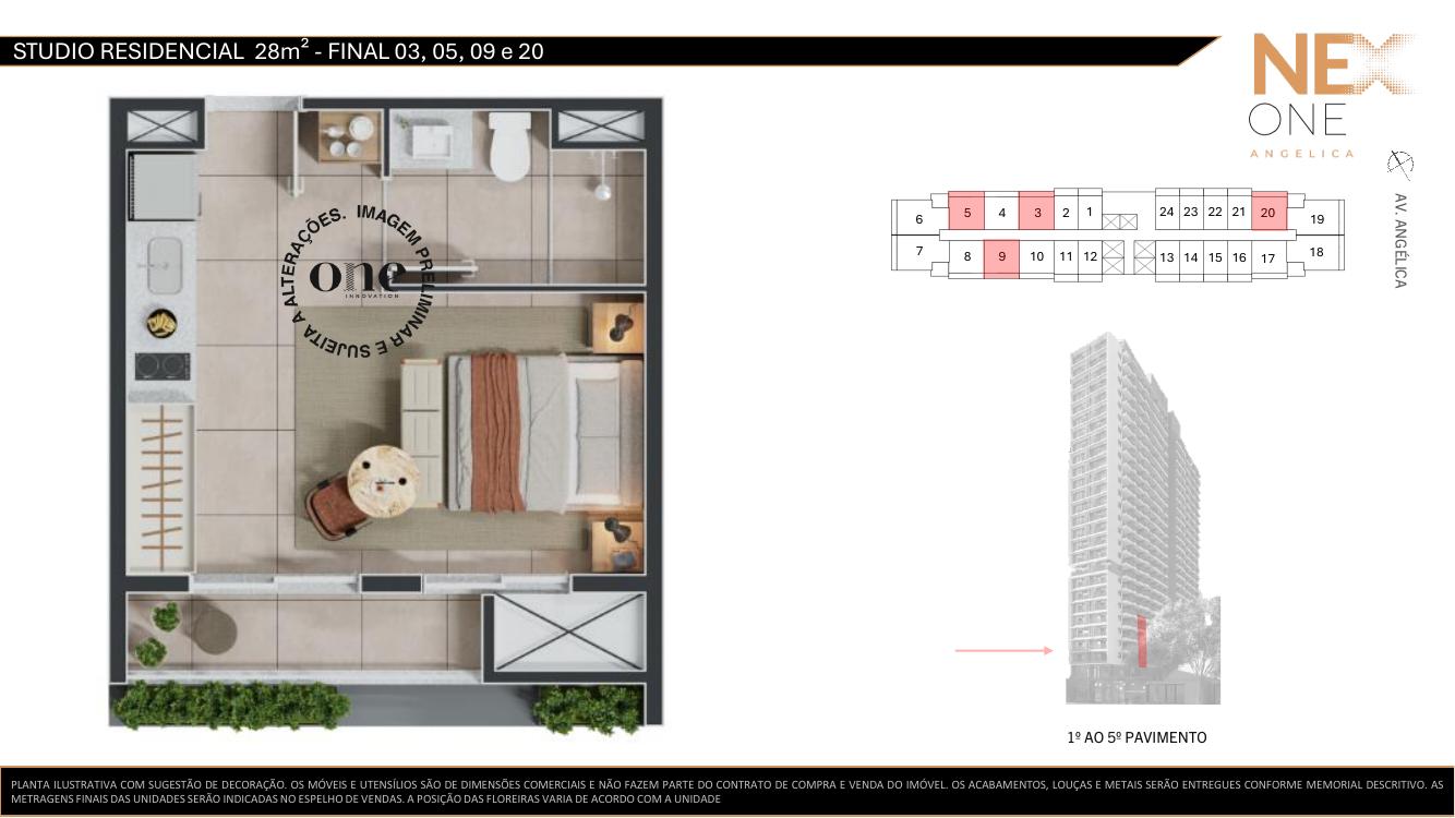Planta studio 28m² — NEX ONE Angélica