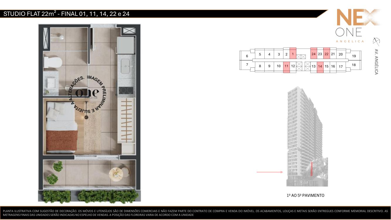 Planta studio flat NR 22m² — NEX ONE Angélica
