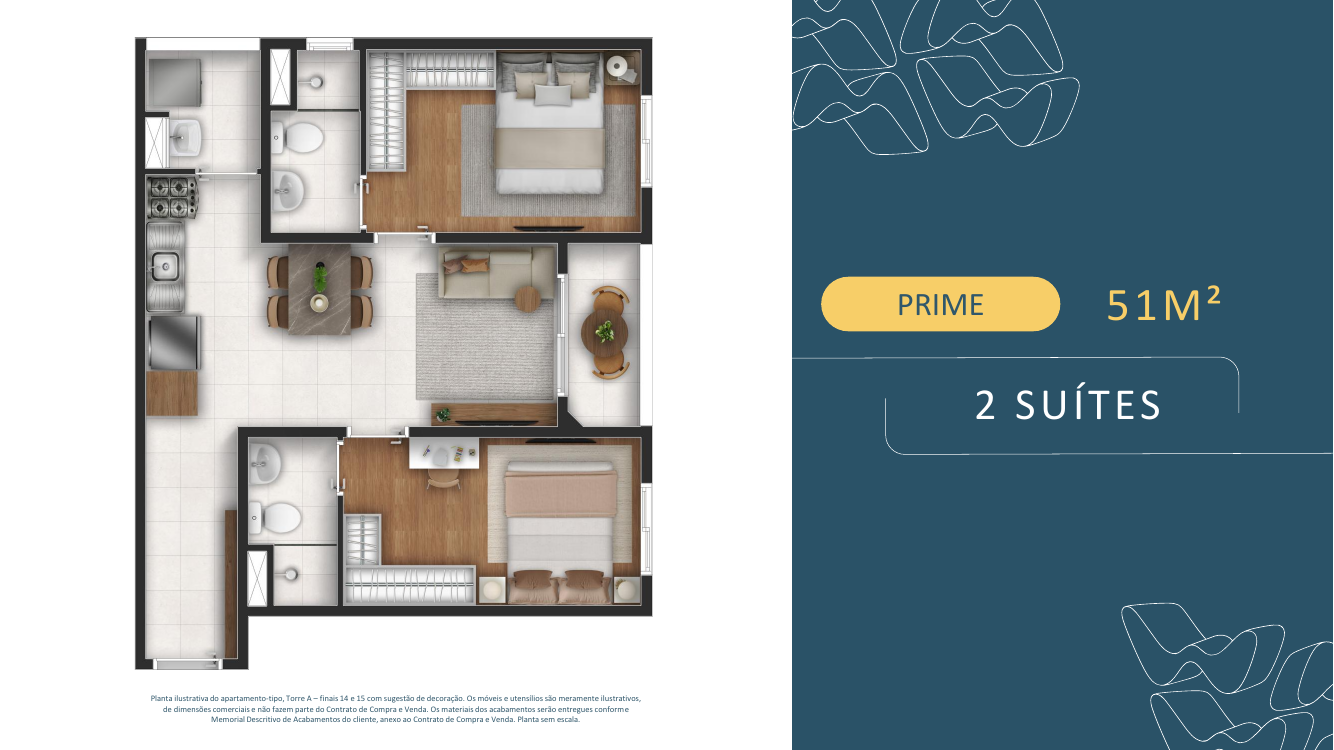 Planta Prime 51m² 2 suítes